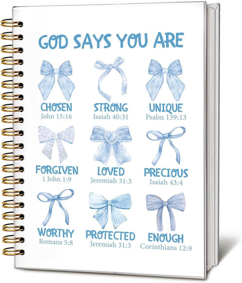 WLIANG Coquette blue Bow Christian Notebook, God Says You are Bible Journal, Preppy Journal, Preppy Gifts for Women, Bible Journaling Hardcover Spiral Notebook 80 Sheets -160 Pages 5.5x8.3 Inch - Image 1